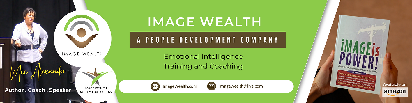 Image Wealth banner with social media, CEO photo, and book